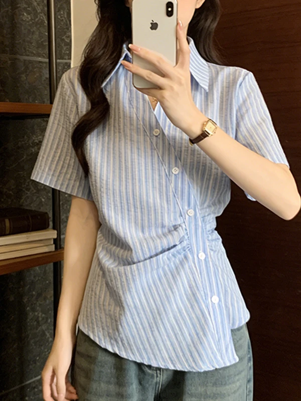 

Slimming Korean Style Women's Shirt V Neck Striped Short Sleeve Uneven Waist Cinched Summer Fashion plus Size Casual Top