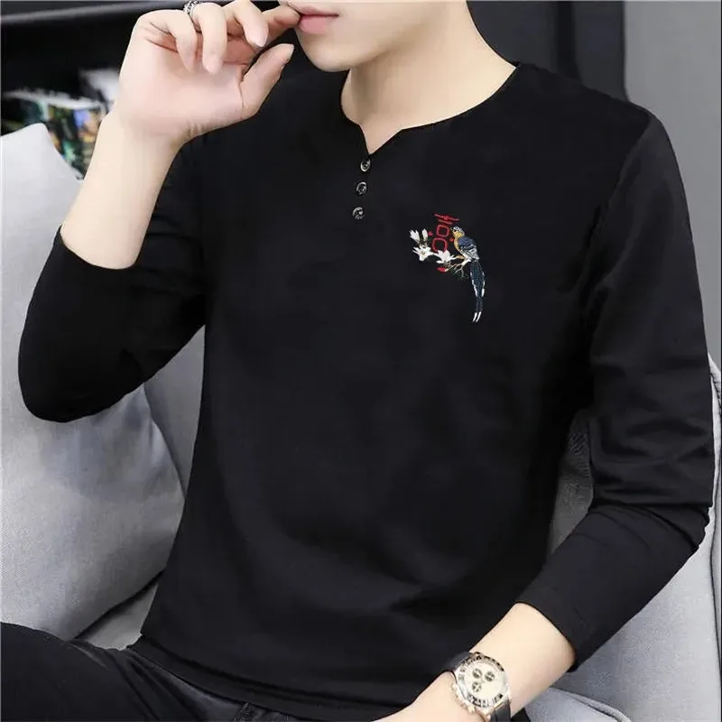 New Korean T-Shirt Men Clothing Spring Autumn Long-Sleeved Tops Sweatshirt Harajuku V-Neck Casual Tees Camisetas