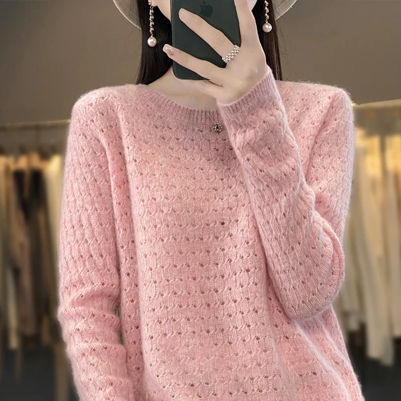 

100% pure wool women's sweater round neck hollow solid color jacquard fashion loose solid color Joker pullover bottoming shirt