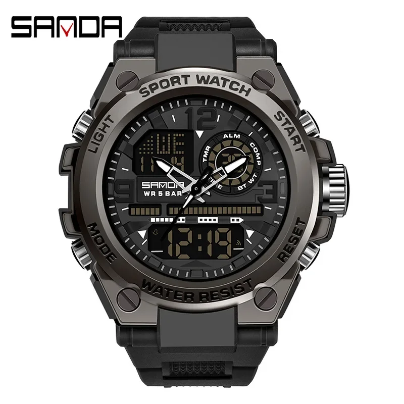 Sanda 6024 Hot Sale Led Luminous Alarm Mode Sports Men Hand Clock Quartz Digital Double Movement Cood Design Wrist Watch