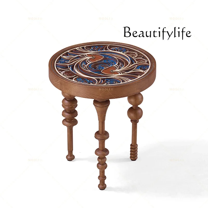 

vV French retro solid wood round edge table, antique small coffee table in the living room, light luxury walnut edge table