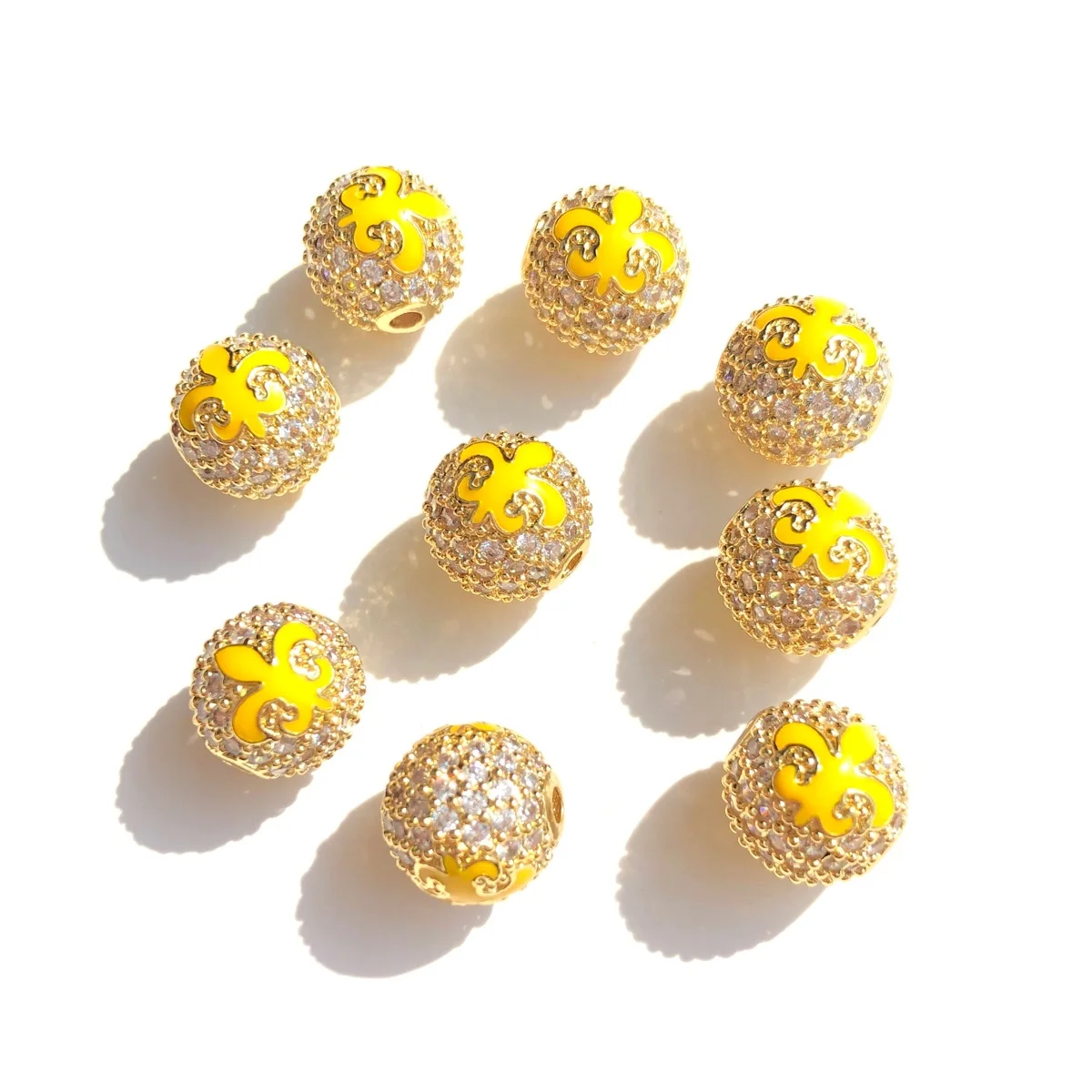 9pcs Green Yellow Purple New Orleans Mardi Gras Loose Ball Spacers Beads Zirconia Pave Gold-plated Jewelry Making Accessory Bulk