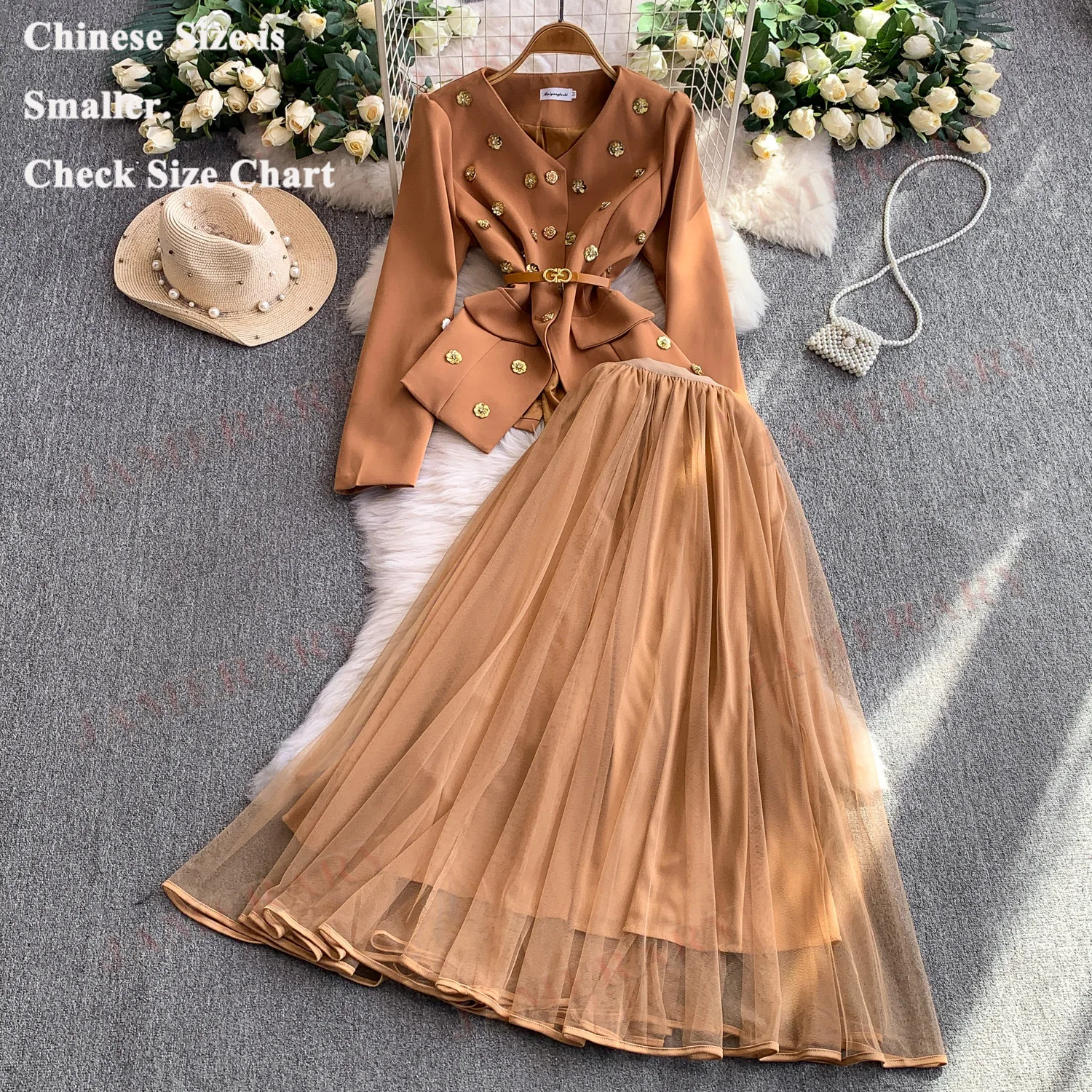Runway Autumn Two Piece Set Women Long Dresses Sequin Blazer Suit Coat A Line Tulle Long Skirts Suit 2pcs Outfit Winter Clothing