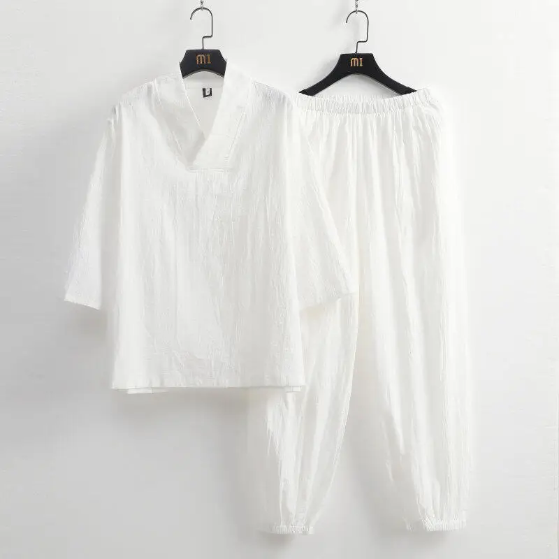 2026 Unisex Baumwoll-Leinen Hanfu Zweiteiliges Set im Buddha-Stil mit 3/4-Ärmeln, lockeres Yoga-, Meditations- und Teezeremonie-Outfit für Zuhause und Freizeit – Detail 9