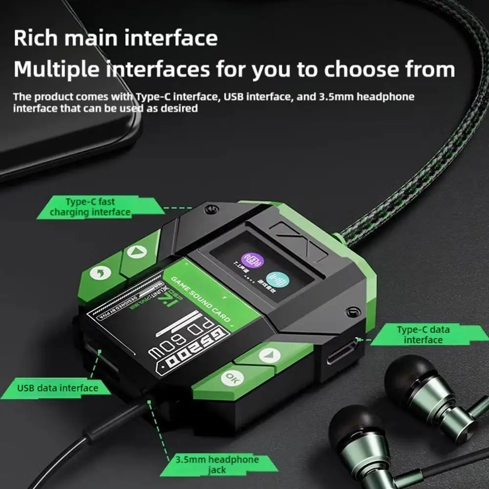 GS200 Professional Gaming Adapter Personalized Screensaver PD60w Fast Charge Built-in DSP Sound Card EO Equalizer Regulation