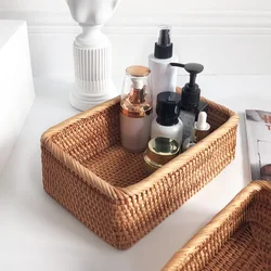 Hand-woven Rattan Wicker Basket Fruit Tea Snack Bread Basket Cosmetic Rectangular Storage Box Household Kitchen Supplies