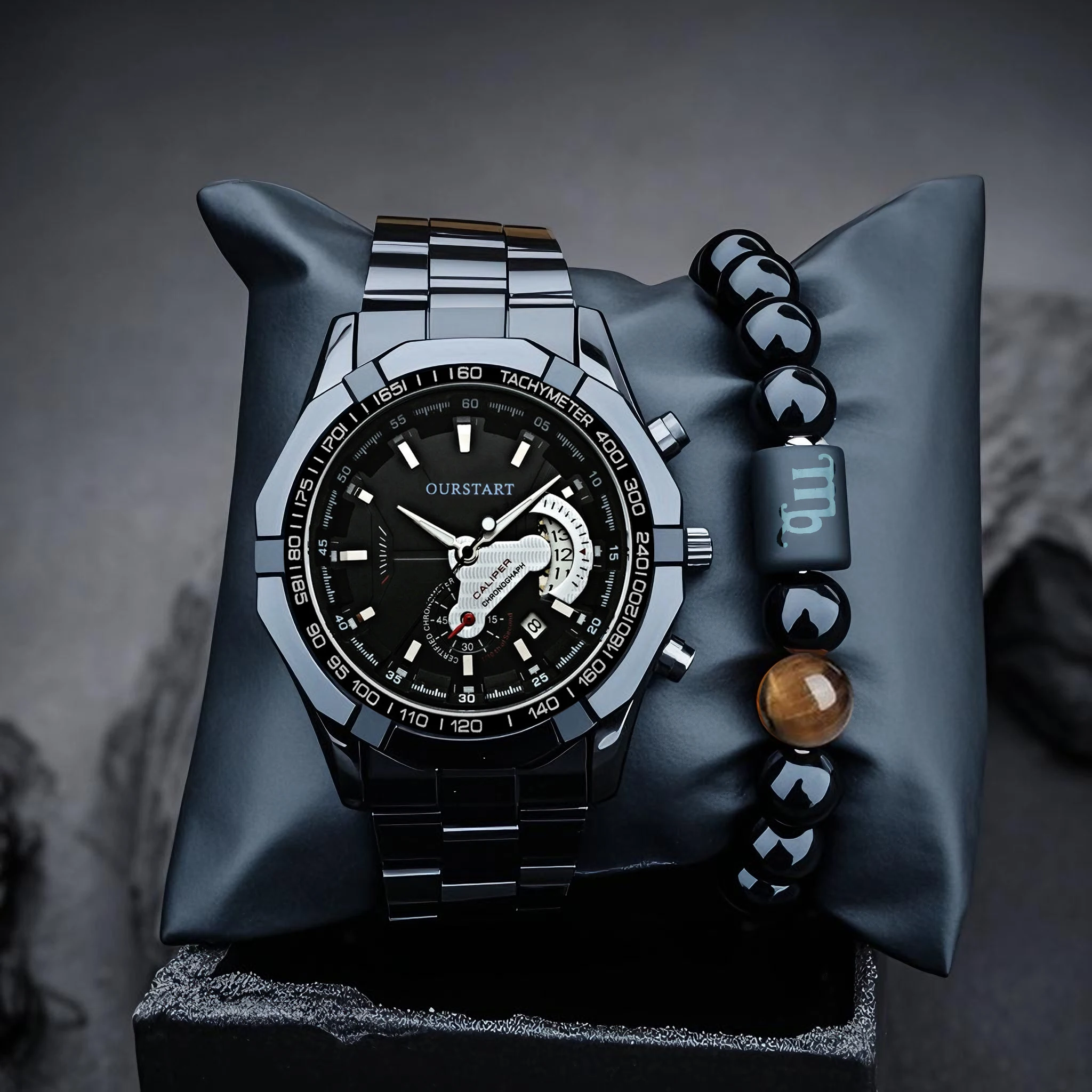 

Мужские часы из нержавеющей стали, набор браслетов, цепочка-календарь, светящийся модный спортивный кварцевый аналоговый подарок на день рождения