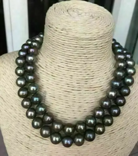 

Double Strands AAAAA LUSTER 10-11mm REAL Tahitian Black Pearl Necklace