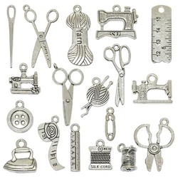 18pcs Mixed Sewing Collection Charms Tibetan Silver Alloy Metal Scissor Pipe Yarn Clew Button Pendants For DIY Jewelry Making