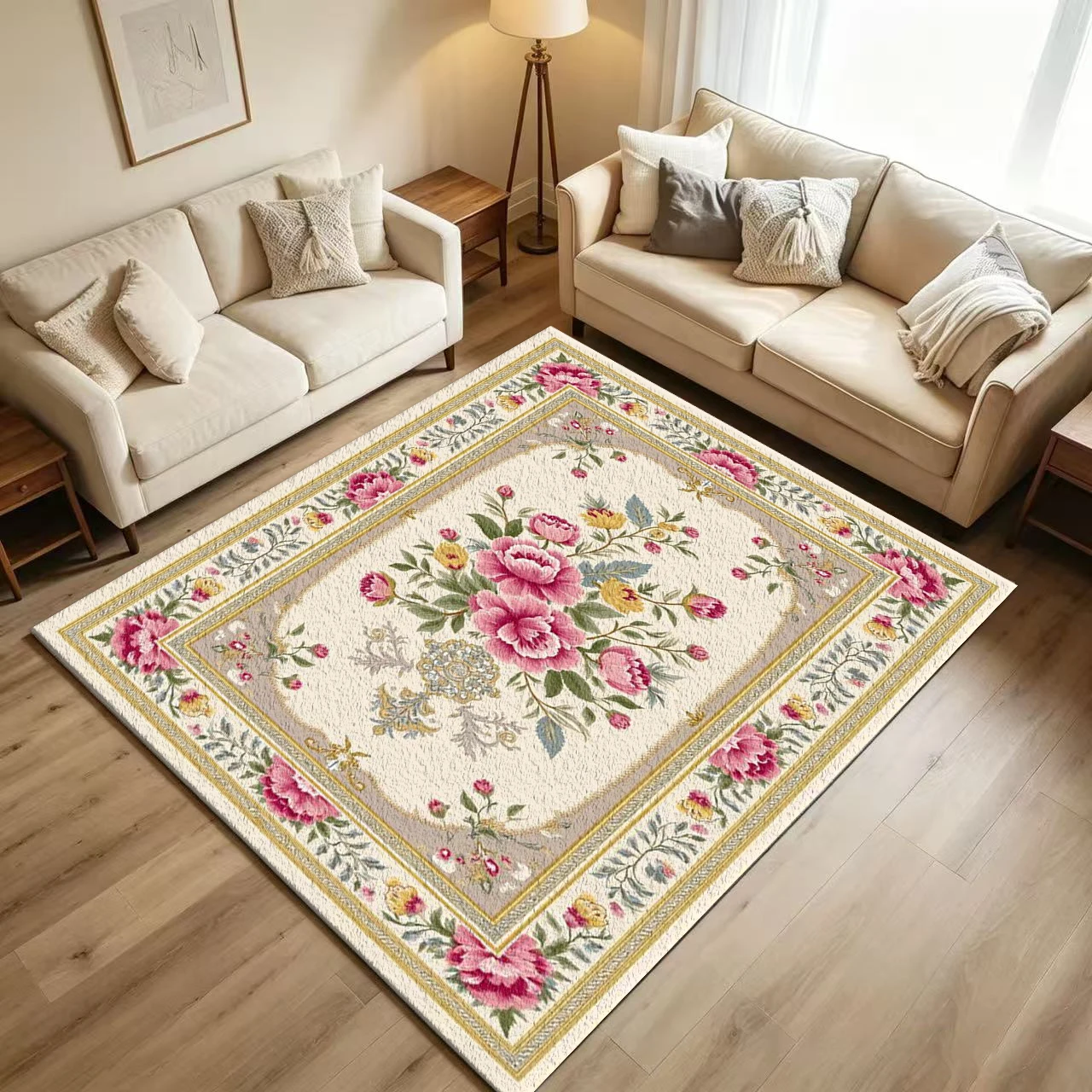 European Vintage Peony Floral Carpet Flooring Luxurious Ornate Multi‑Layer Border Pink Rose Flower Art Pattern Printed Floor Rug for Household Indoor Classic Living Room Decor