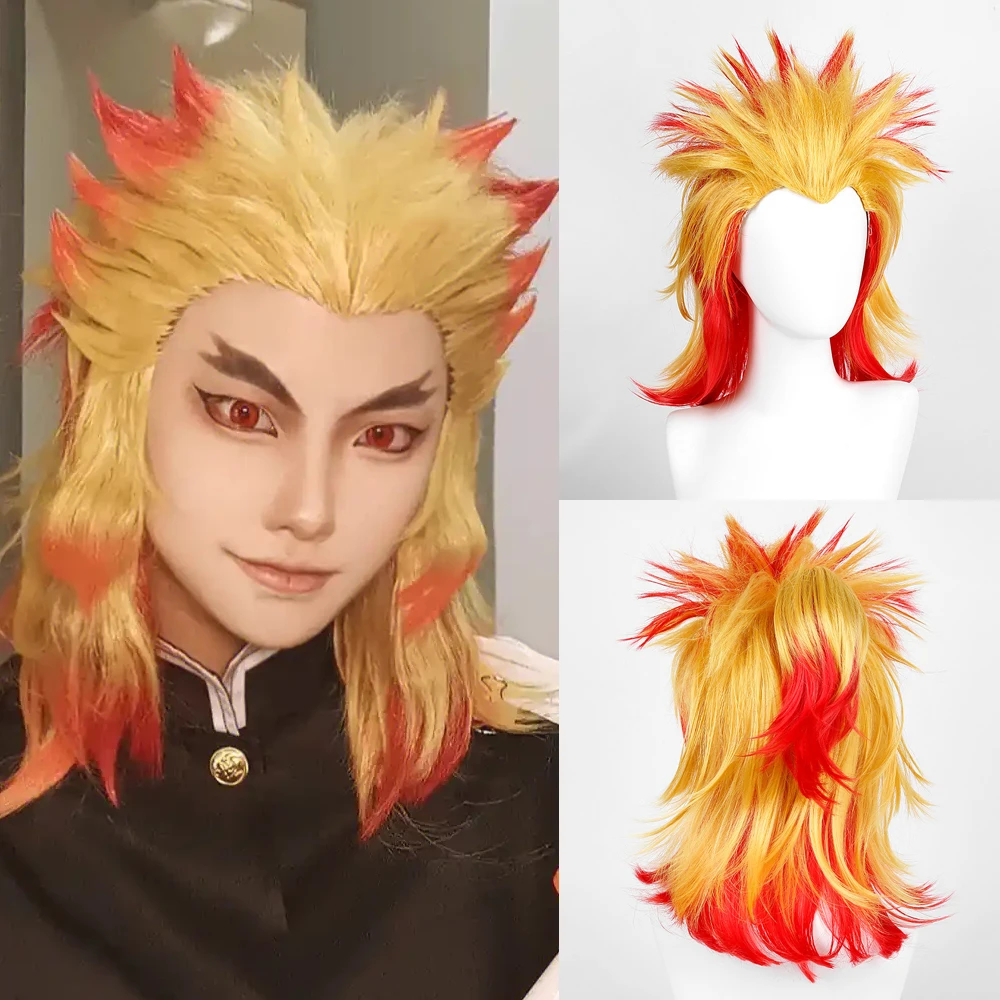 

Yellow Red Highlights Short Straight Anime Game Cosplay Wigs Synthetic Men Fluffy Heat Resistant Wig for Daily Party