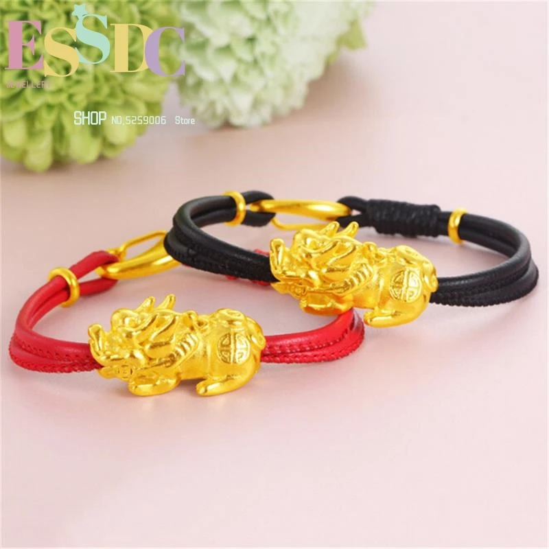 Sand Gold PiXiu Charm  Red and Black Genuine Leather Rope Chain Bracelet for Fashion Male or Female Jewelry Wholesale