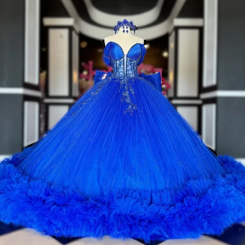 Vestidos Quinceanera azuis reais para meninas, miçangas de renda, arco Tull, camadas para 15 anos, festa de aniversário, princesa do baile, 15 anos