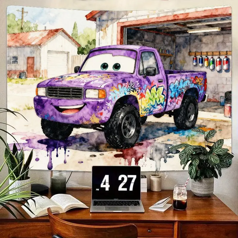 

1PC Smiling Purple Graffiti Pickup Truck Tapestry, Watercolor Polyester Wall Art for Kids Boys Room Dorm Decor, Cool Car Lover G