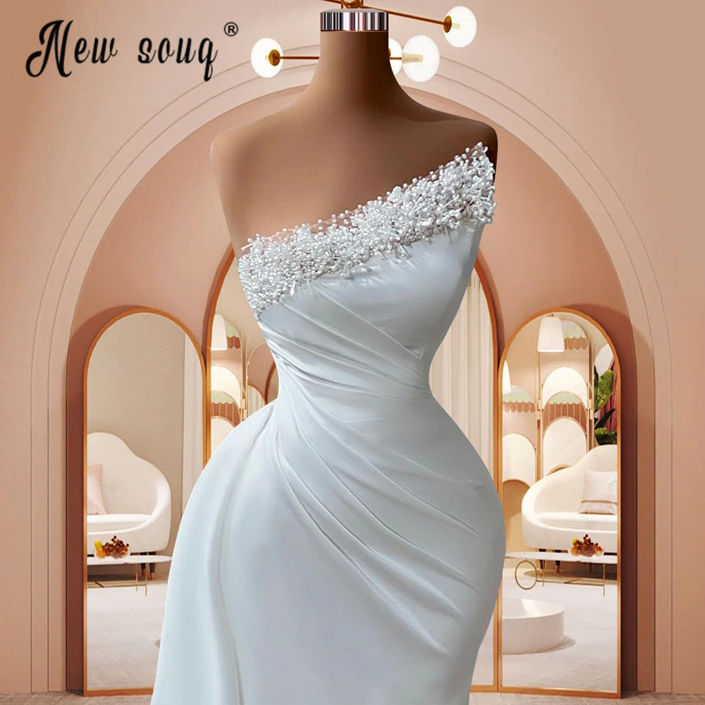 Elegant One Shoulder Satin Formal Dress With Detachable Train Arabic Women Pearls Beach Wedding Gowns  Special Occasion Dresses