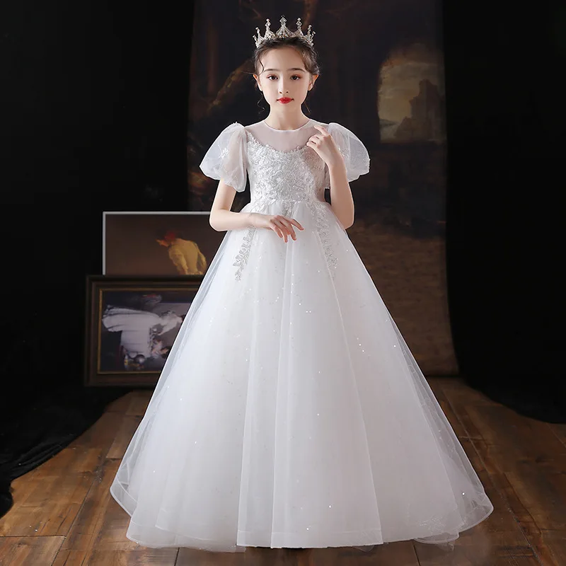

Children's White Tulle Dress Flower Girl Wedding Princess Dress Stylish Girl Host Show Tailing Evening Dress Summer