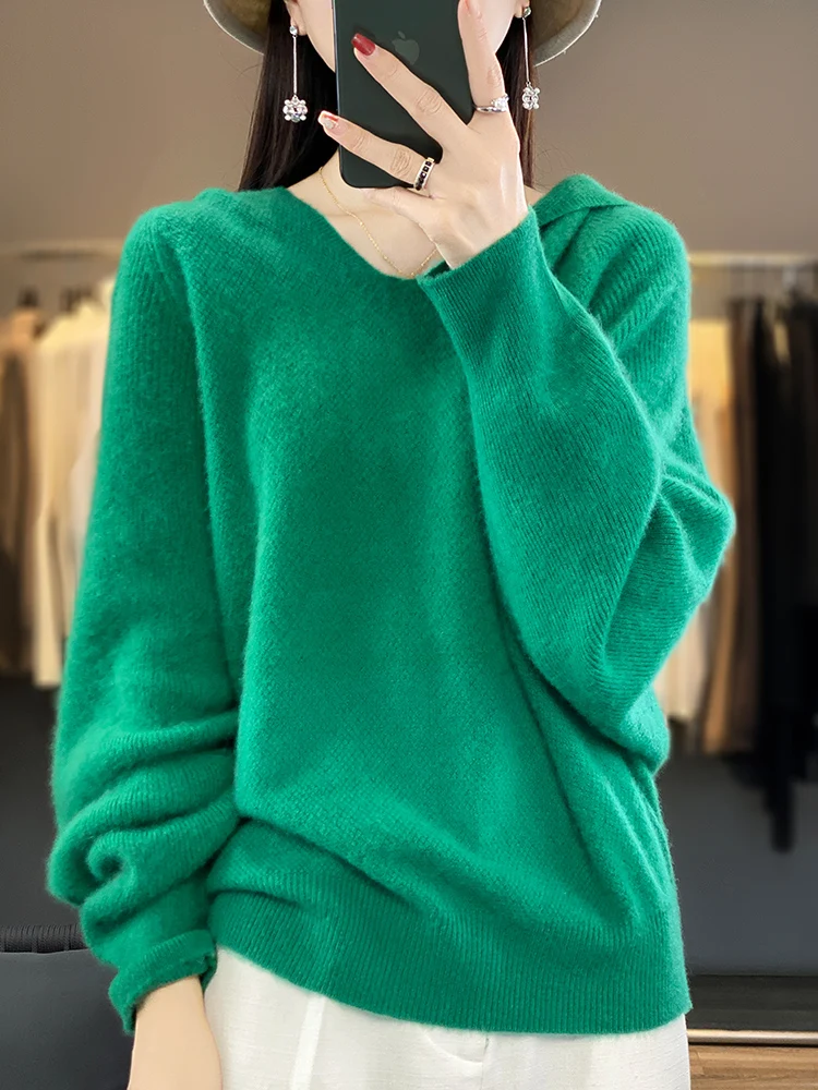 Fashion Loose Style Long Sleeve Cashmere Women Knitwear Sweater 100% Merino Wool Mock-Neck Pullover Hoodies Clothing Tops