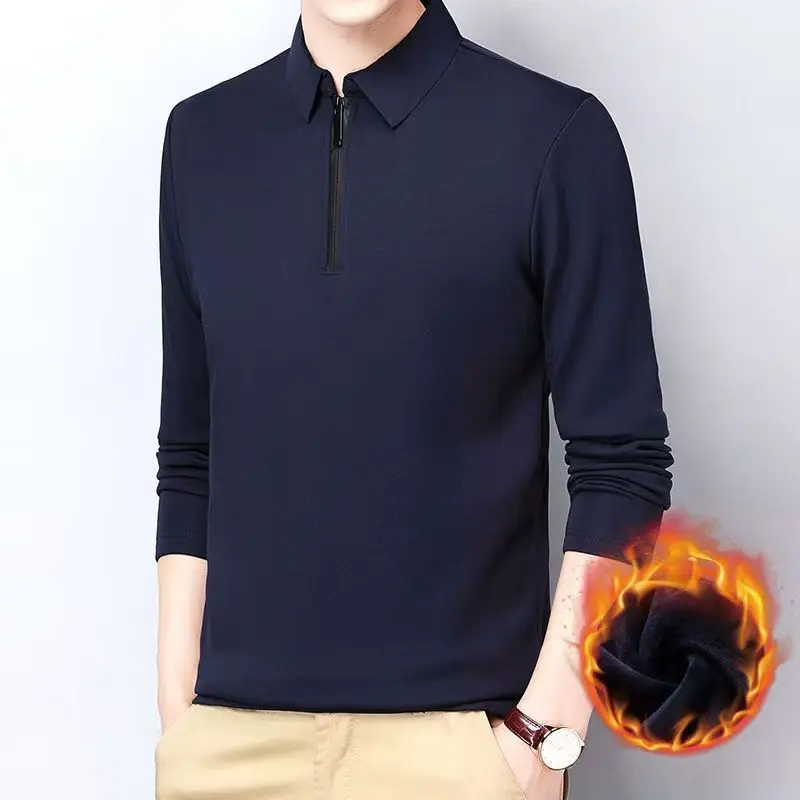 موضة التلبيب بلون الخريف الشتاء الرجال قميص بولو سستة زائد الصوف رشاقته الحرارية طويلة الأكمام Normcore الحد الأدنى القمم #5