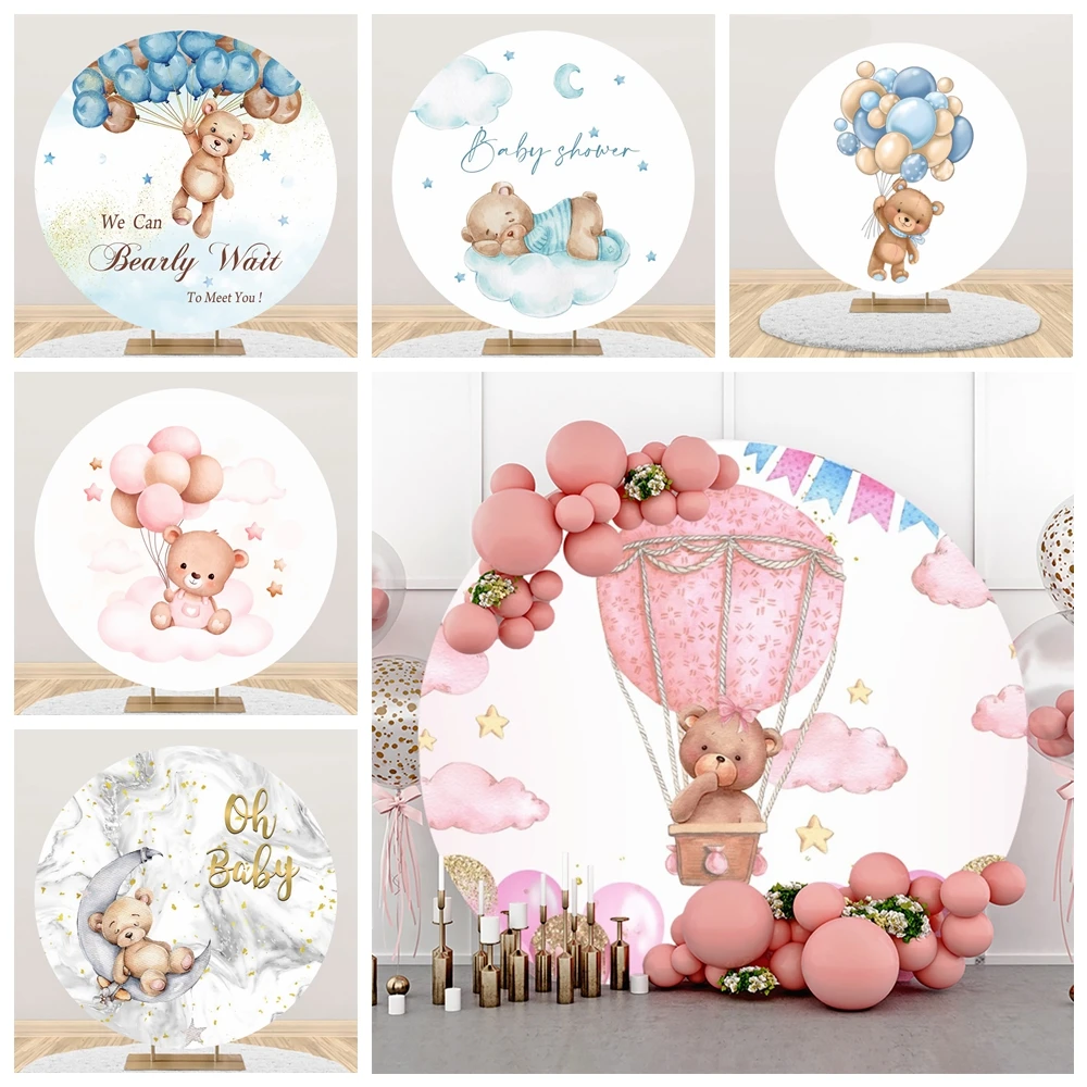 

Cartoon Bear Round Backdrop Cover Pink Blue Hot Air Balloons Baby Shower Birthday Party Circle Photography Background Decoration