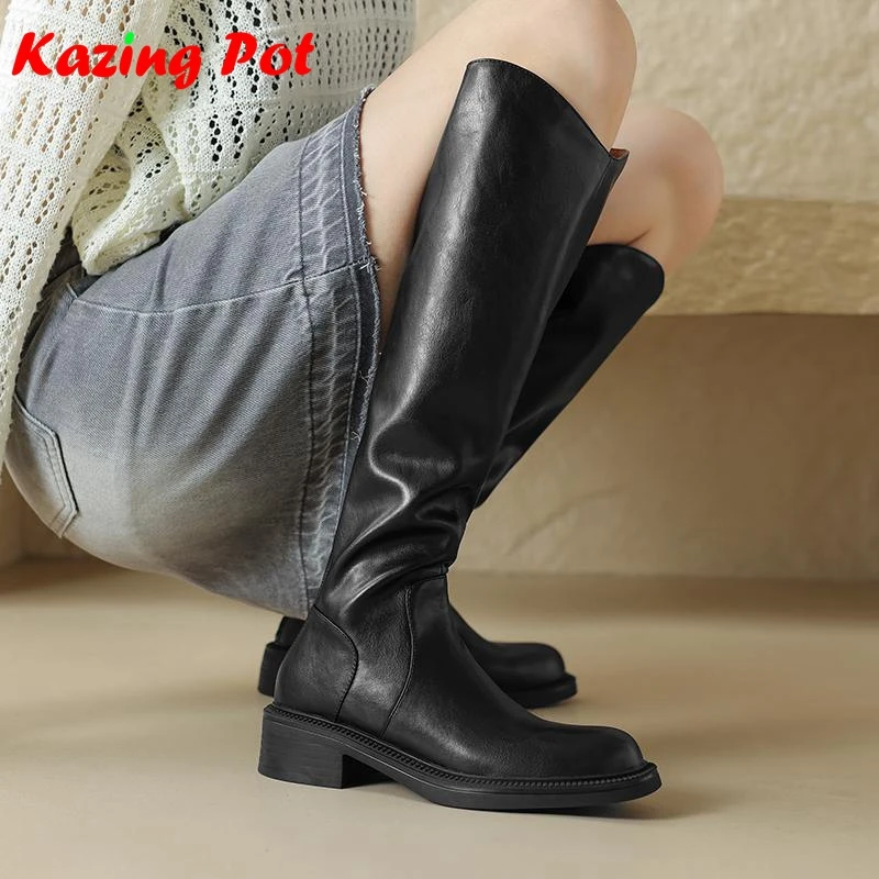 

Krazing Pot Cow Split Leather Round Toe Med Heels Riding Boots Punk Design Warm Winter Shoes Zip European Design Knee-high Boots