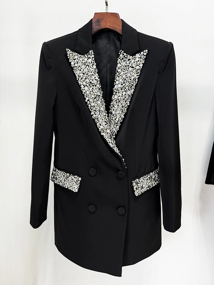 Imagem -02 - Mulheres Slim Encaixe Luxo Strass Diamantes Frisado Longo Blazer Jaqueta de Rua Alta Designer Fashion Mais Novo 2023