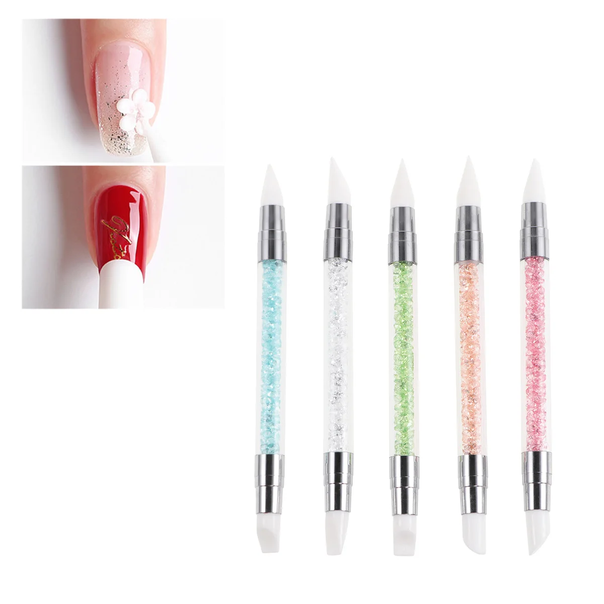 Zestaw narzędzi do zdobienia paznokci 5 szt. Premium, silikonowy długopis z podwójną końcówką do nakładania cyrkonii, do manicure, do nakładania klejonej biżuterii na paznokcie, aplikator do cyrkonii.