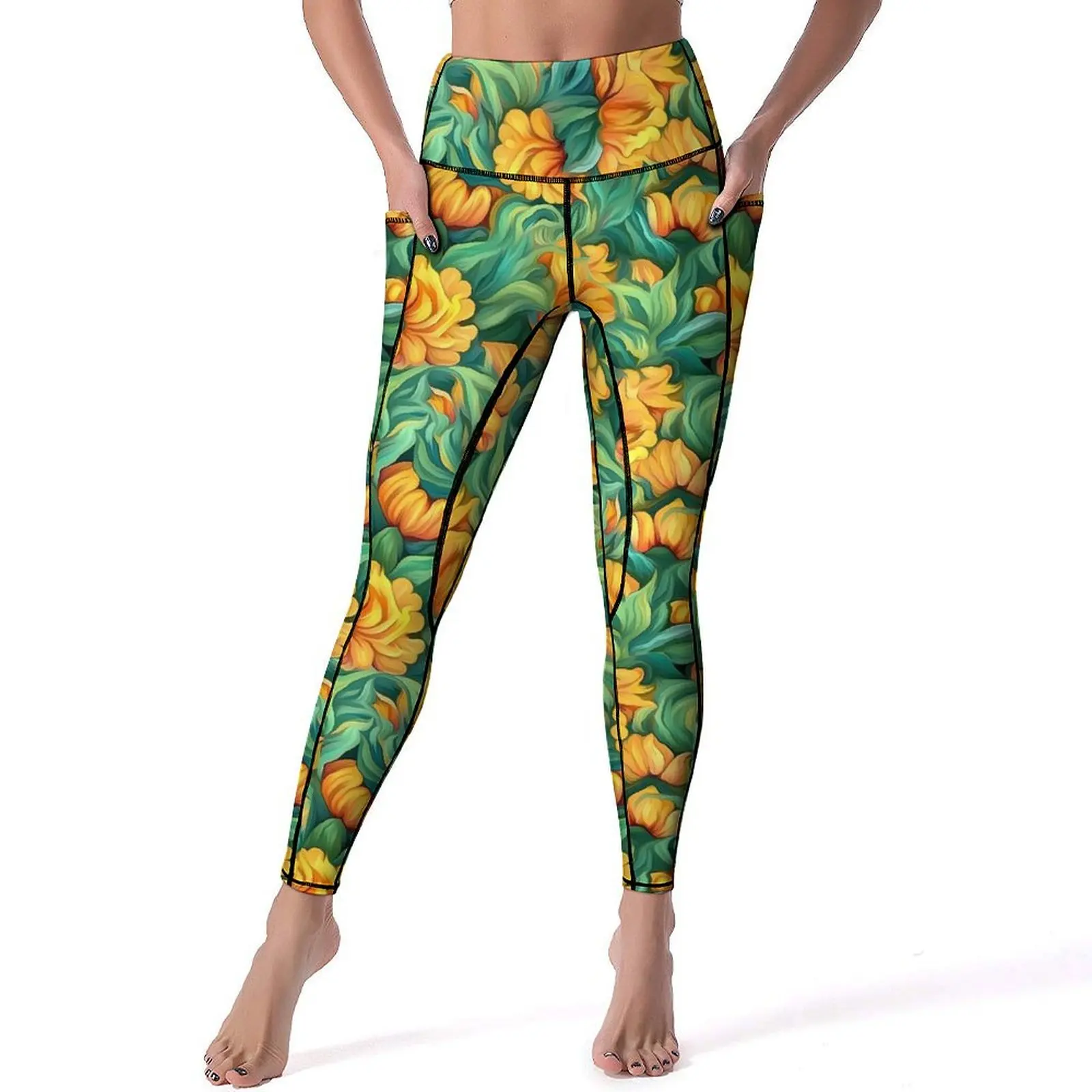 

Flower Oil Painting Leggings Sexy Green Leaves Gym Yoga Pants High Waist Stretchy Sports Tights Pockets Vintage Custom Leggins