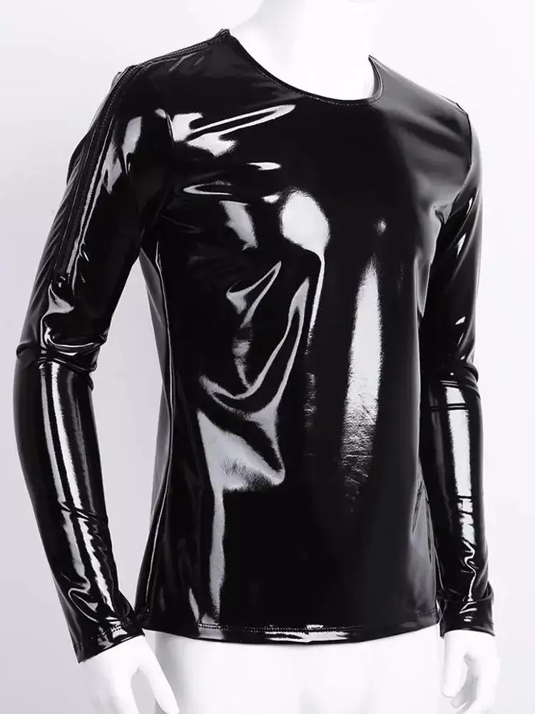 S-7XL Wet Look PVC Long Sleeve T Shirt Men Tshirt Shiny PU Leather Hip Hop Tee Shirts Muscle Hot Shaper Tops Tights Streetwear