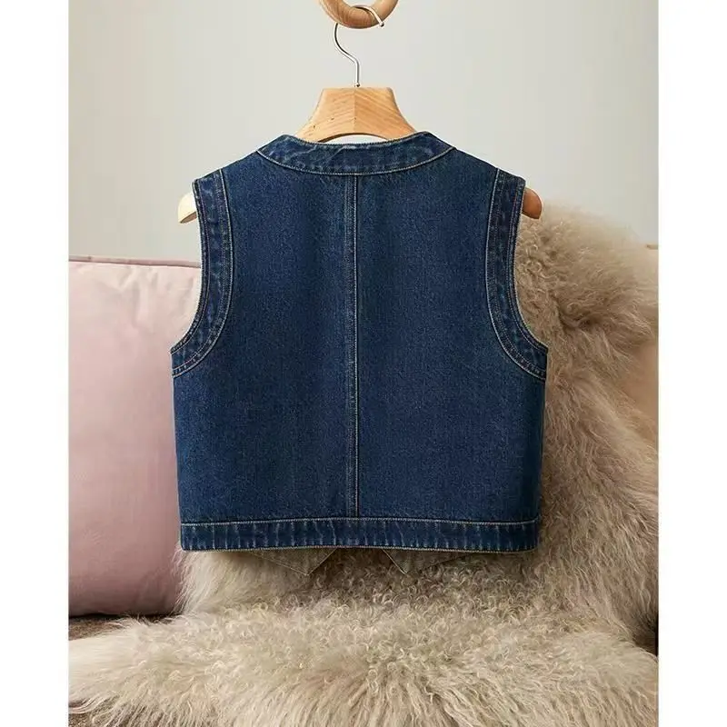 Korean Loose Vintage Round Neck Denim Vest Single-Breasted Sleeveless Women's Jacket