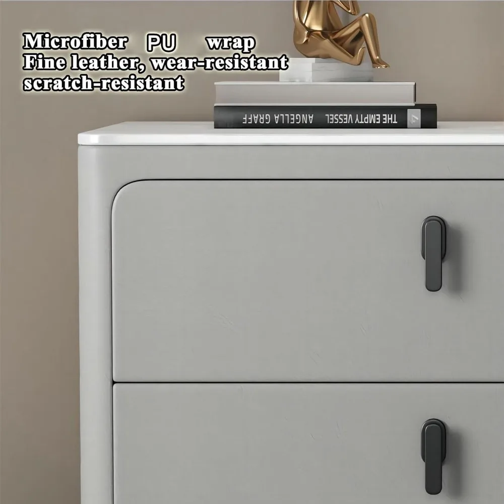 Elegante comodino a doppio cassetto con copertura in microfibra PU e supporti in acciaio inossidabile