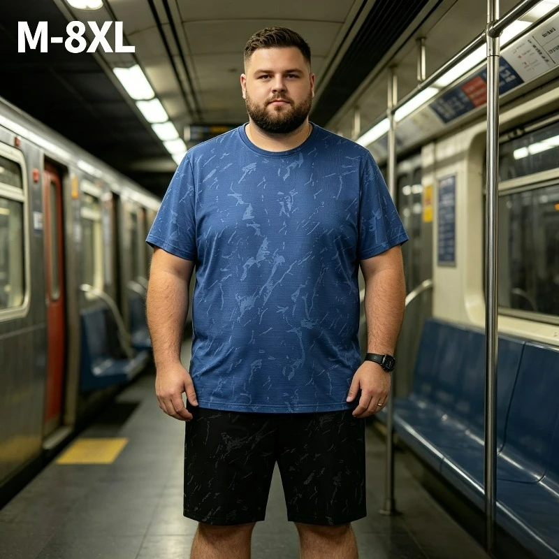 

8XL Summer Plus Size Fat Men's Running Sports Set Loose Short Sleeve T-Shirts suit Shorts Ice Silk Quick Dry men's sports suits