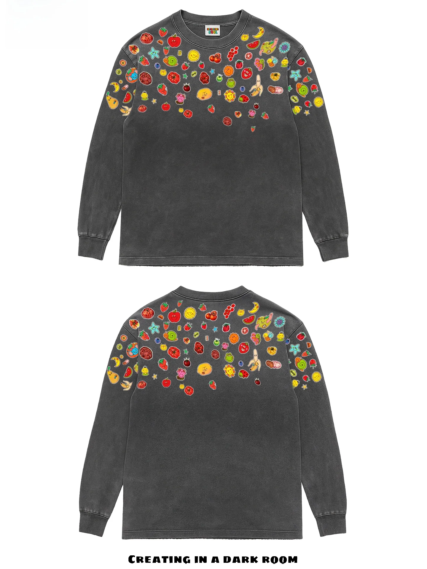 Original Oversize Long Sleeve T-Shirt Fruit Medley Design Skateboard Patchwork Urban Outfit Fashionable Commuting Sun Protection