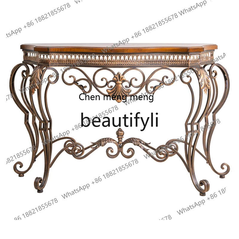 

American retro entrance table, foyer wrought iron storage table, European solid wood art semicircular entrance table