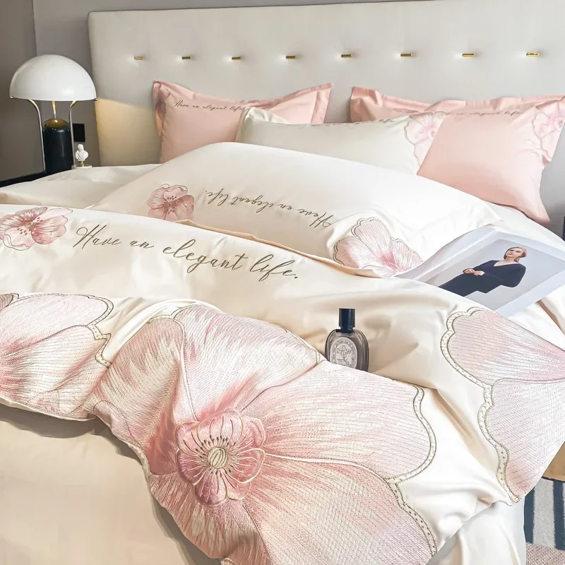 

Light luxury high-end all cotton four piece set, pure cotton heavy-duty embroidered bed sheet, duvet cover, bedsheet, high-end b