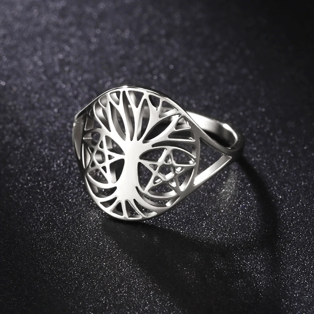 LIKGREAT Tree Of Life Finger Ring Vintage Pentacle Supernatural Amulet Talisman Ring For Woman Man Stainless Steel Jewelry Gifts