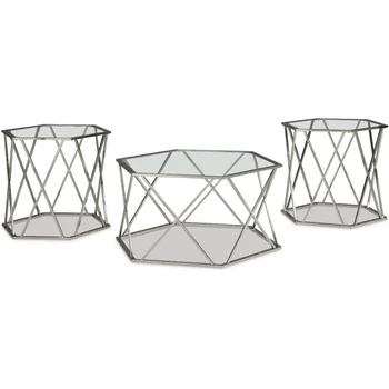 Image Signature Design by Ashley Madanere Modern Chrome 3-Piece Occasional Table Set, Includes Coffee Table and 2 End Tables, Silver