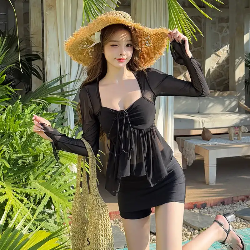 2026 Women Swimsuit Plus Size Swimwear with Skirt Two PiecesBottoms Long Sleeve Mesh Luxury Swimdress Solid Tankini Sets Padded