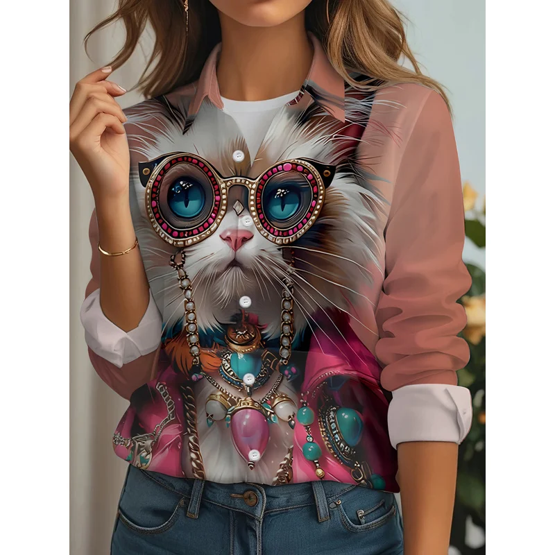 Women's Pink Cat-Themed Button- Shirt - Collar Blouse Top, Machine Washable Polyester Button-Print Blouse Button-Front