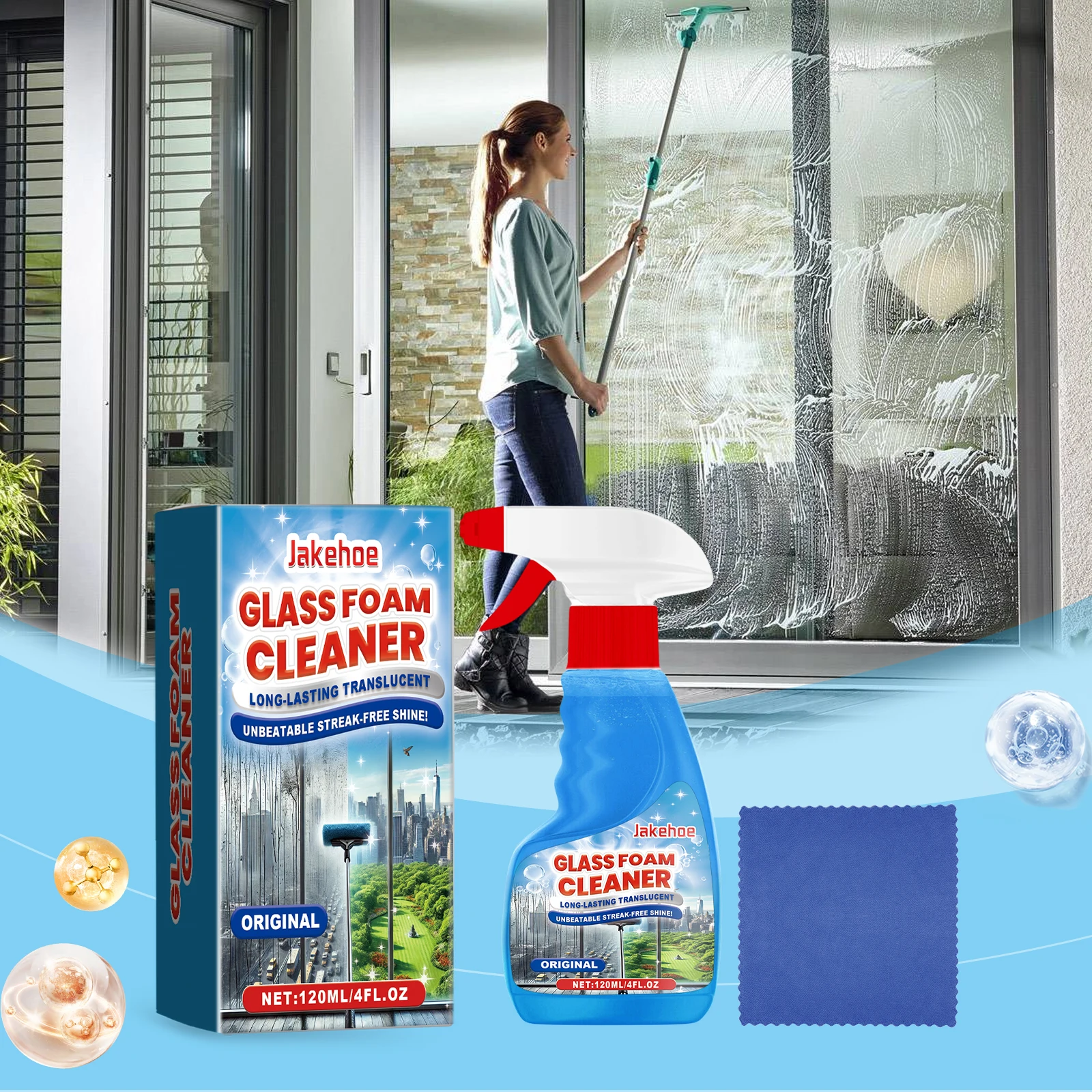 Schaumendes Glasreiniger-Spray, streifenfrei, glänzender Glasreiniger, Fensterreiniger-Spray, macht Glas glänzend und atemberaubend, für Fenster