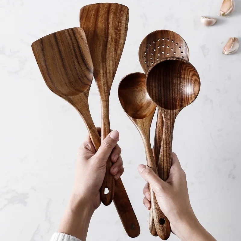 5pcs Wooden Kitchen Utensil Set, Natural Spurtle with Non-Stick Pan Tools – Long Handled Wooden Spatula, Rice Spoons