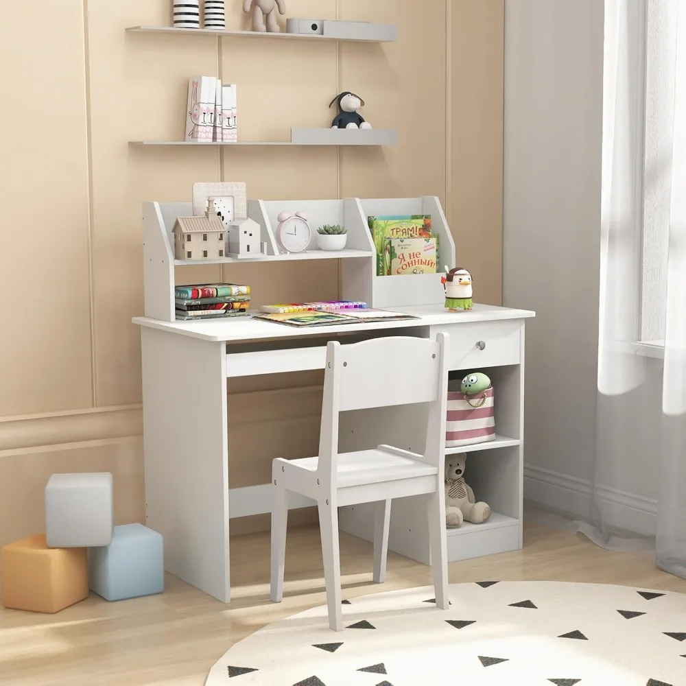Kids Study Desk, Children Wooden Computer Desk with Hutch, Bookshelf, Keyboard Tray, Drawer, Storage Shelves, Student Writing T