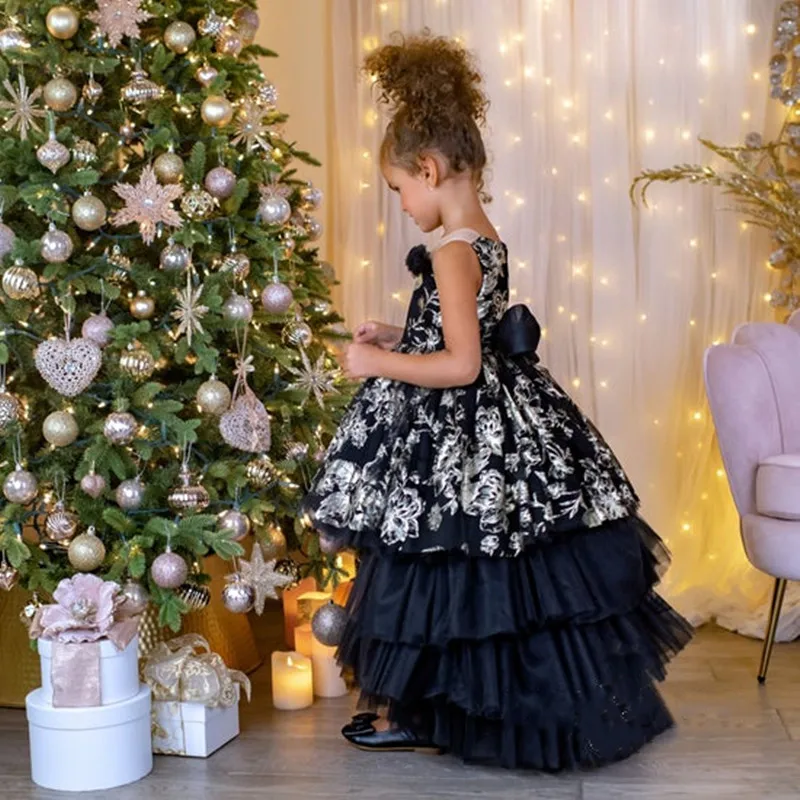 

Black Applique Tulle Puffy Flower Girl Dress For Wedding Layered Sleeveless Child's First Eucharistic Birthday Party Dresses