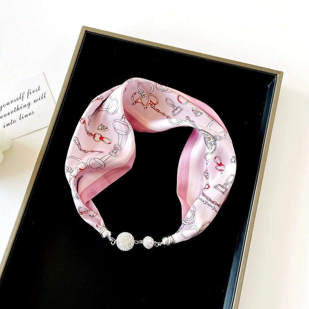 

Spring and Summer Colored Small Silk Scarves Women's Magnetic Buckle High-end Necklace White Shirt Scarf