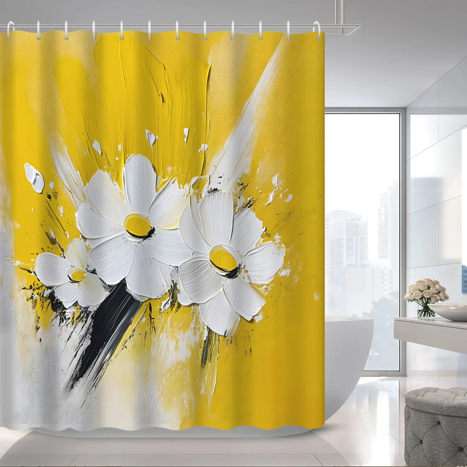 

1 шт., картина маслом, художественная роспись, белая ромашка, цветочный принт, занавеска для душа, занавеска для перегородки, полиэфирная ткань, с 12 крючками, душ