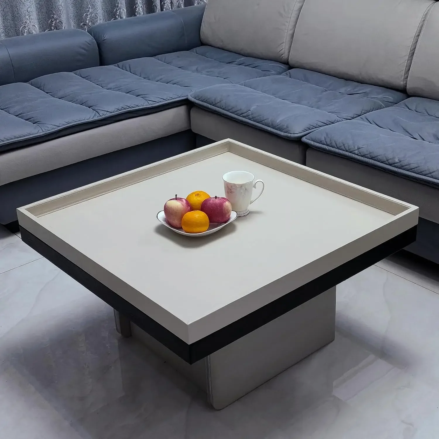 30 x 30 inches Luxury Leather Square Oversized Service Tray, Ottoman & Coffee Tray for Family Dinner, Out-of-House Picnic