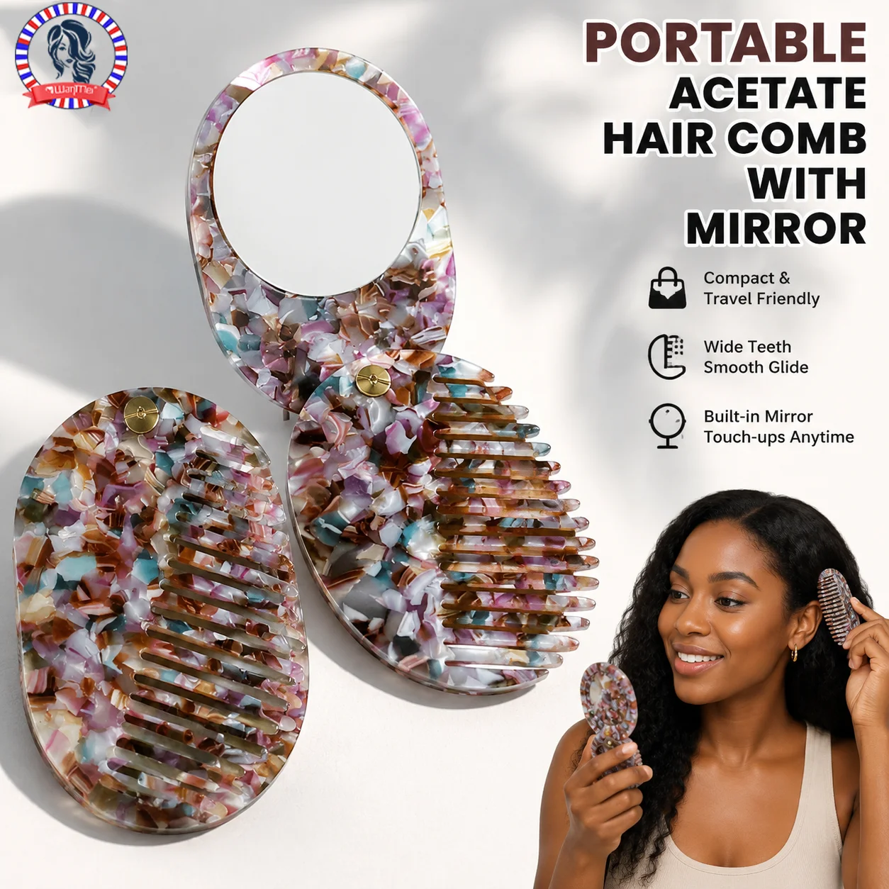 

Portable Foldable Acetate Hair Comb with Built-in Mirror 2In 1 Travel Wide Tooth Detangling Comb Compact Elegant Marble Pattern