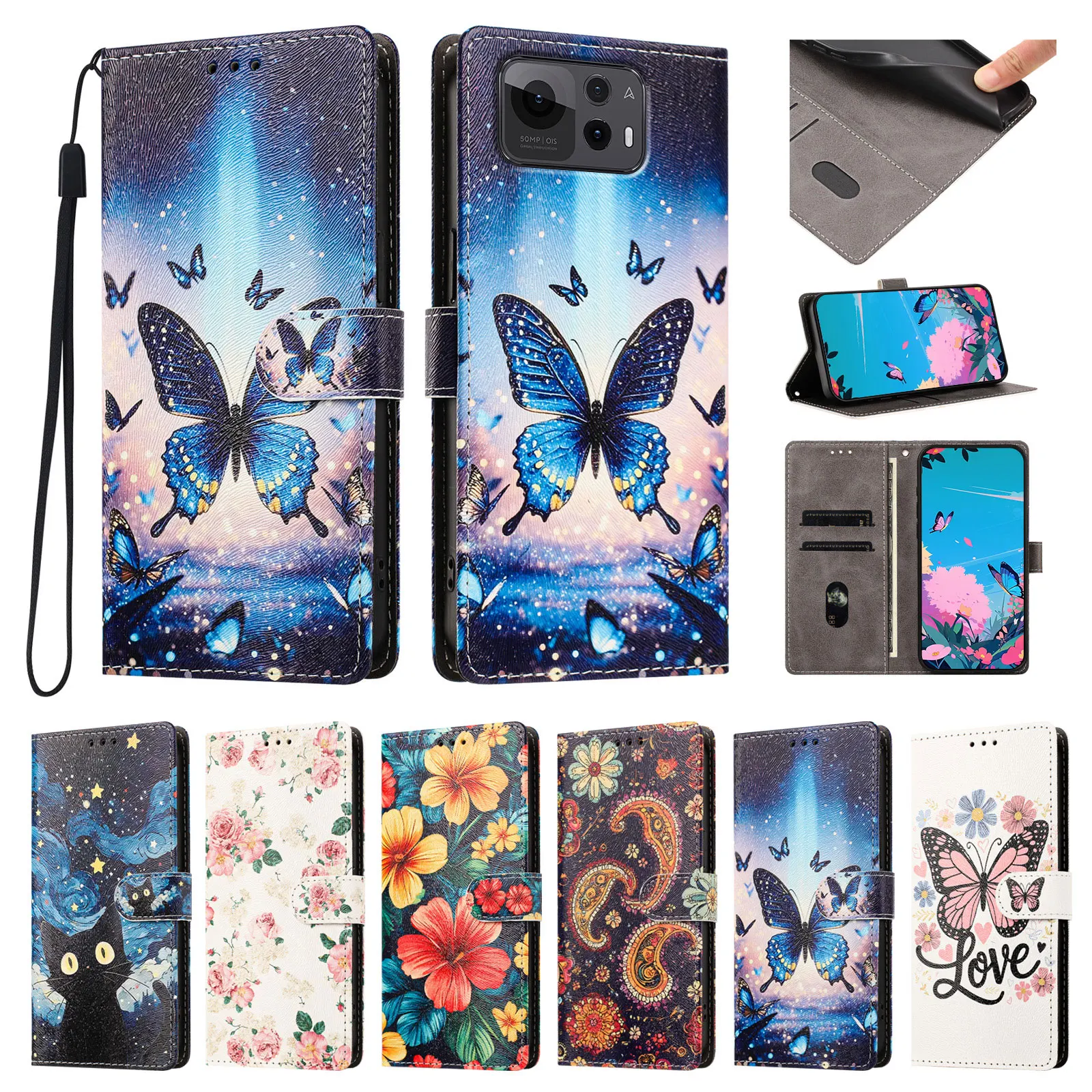 Leder-Flip-Handyhülle mit Muster für Redmi Note 15 14 13 12 11s 10 9 8 7 Pro Plus, Brieftaschen-Design, Buchhülle