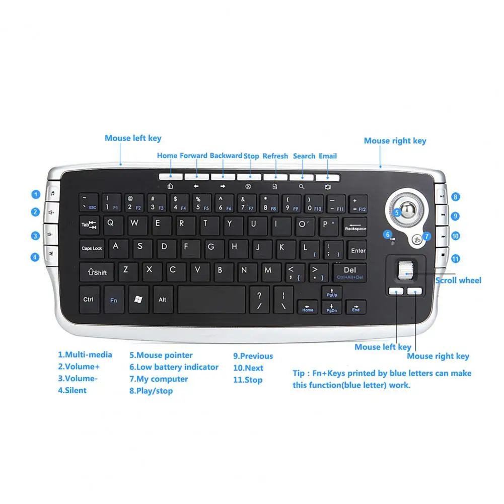 Wireless Keyboard Ergonomic Backlight Function 78 Keys 2.4G Mini Keyboard with Trackball Mouse Scroll Wheel for Notebook