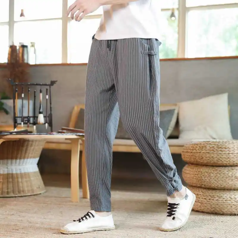 Men Clothing 2022 New Arrival Men\'s Elastic Waist Cotton Linen Trousers Men Stripe Harem Pant Ankle Length Pants