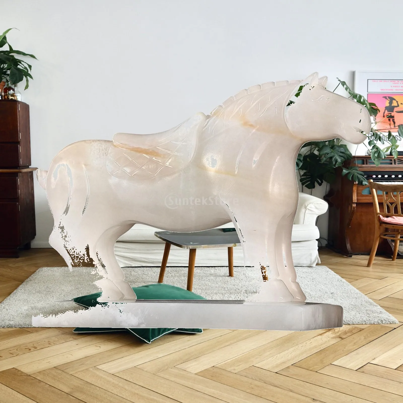 Carved Marble Horse Decor Standing Stallion Statue Smooth Finish Decorative Animal Figurine for Mantel Cabinet Showcase Gift